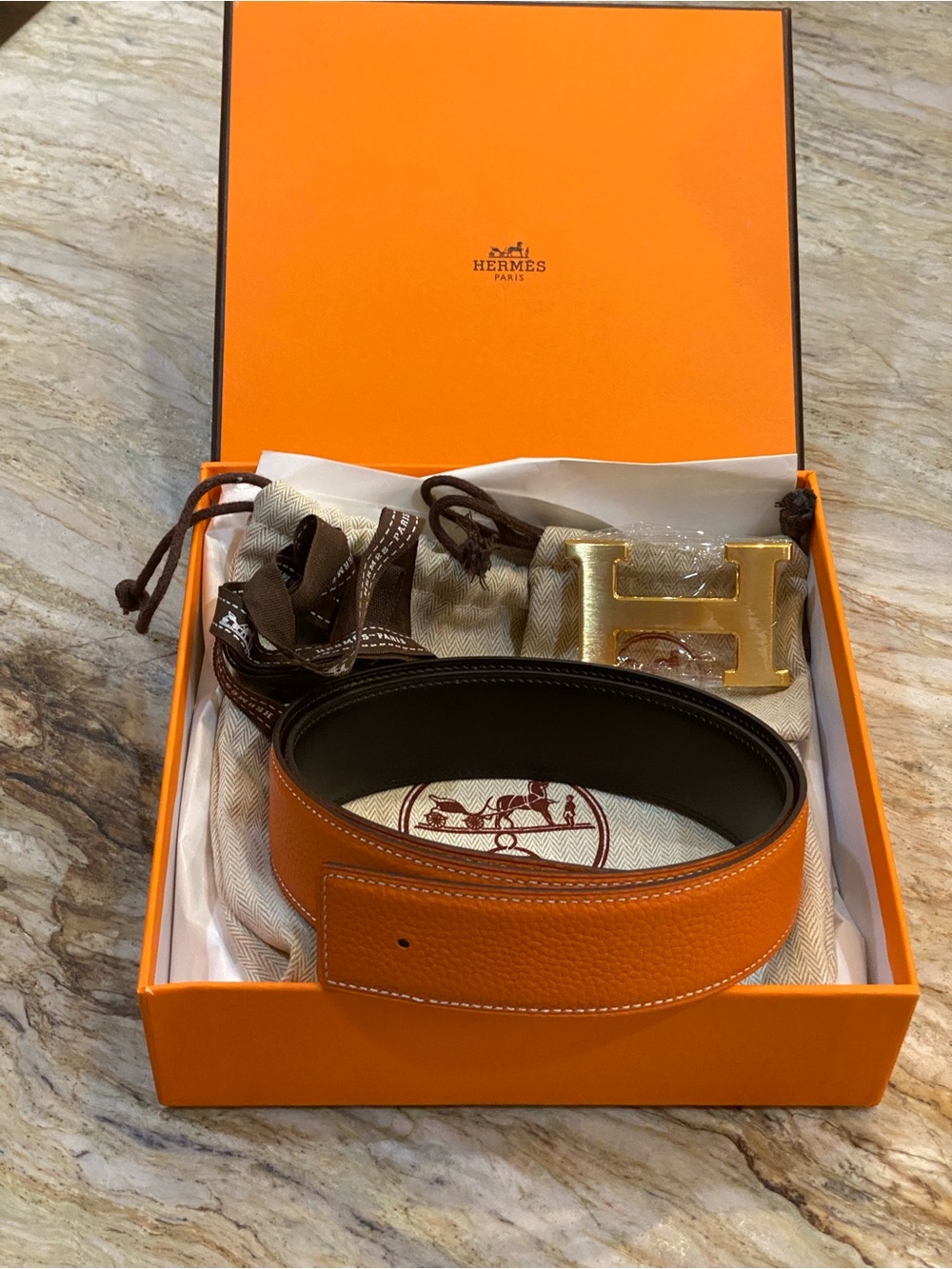 Hermes Orange Leather Men's Belt with Gold H Buckle (Removable)